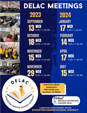 Image of DELAC banner with year  2021-2022 in blue and yellow