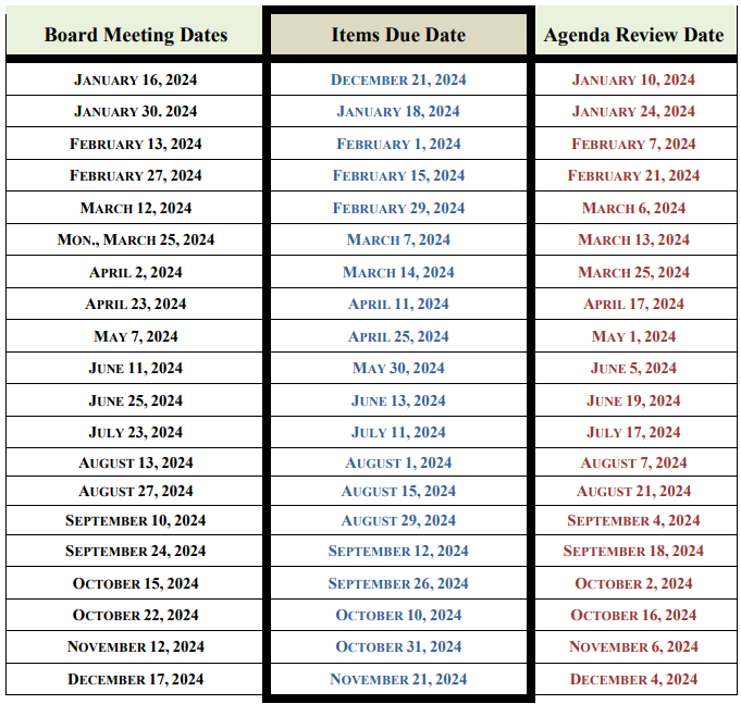 Board Meeting Schedule