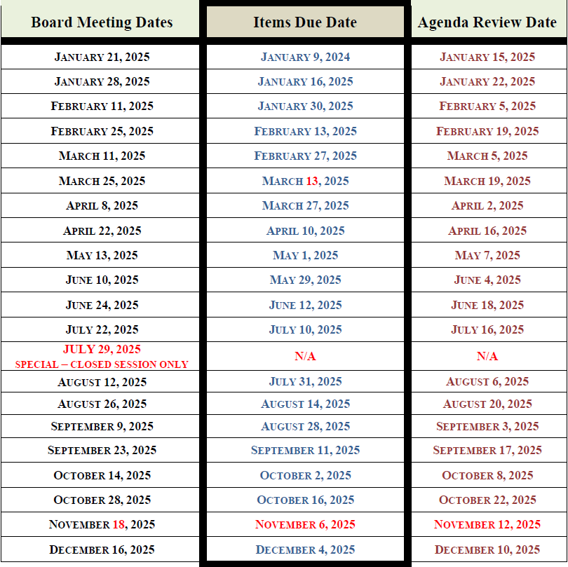 Board Meeting Schedule