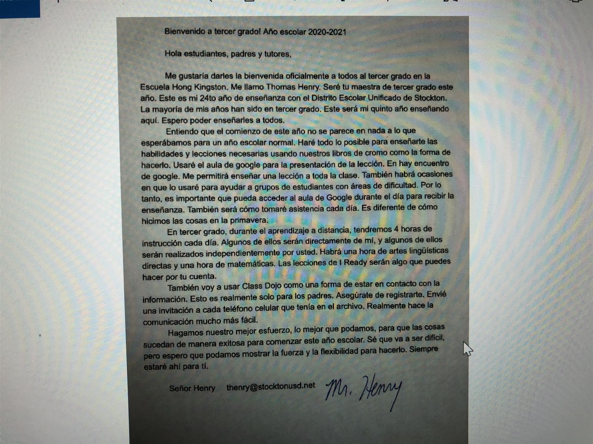 parent letter in Spanish 