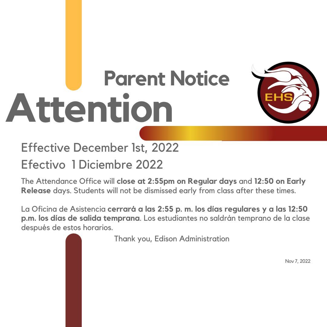 Attendance office will close at 2:55pm