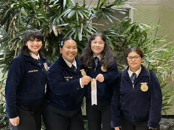 Floriculture team members with ribbon for placing 3rd in Judging at the 2024 State Finals competition in San Luis Obispo, CA